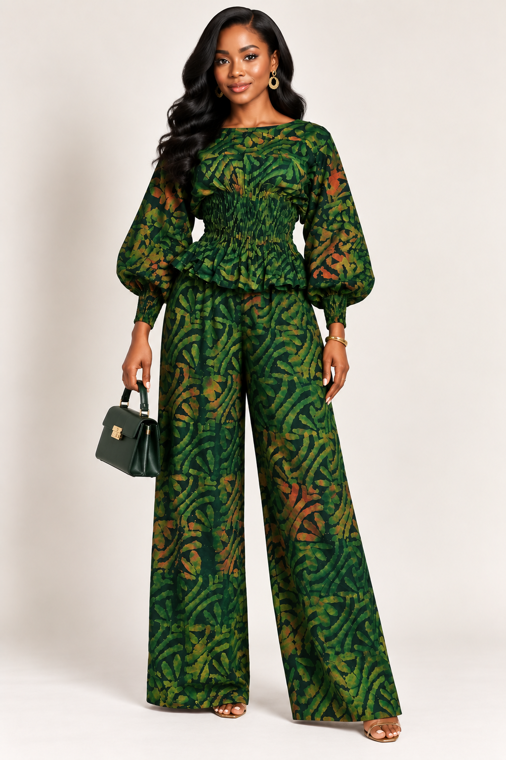 *Adire Smocked Waist Peplum Top & Wide-Leg Pants Set | African Print Co-ord | Agbeke Style