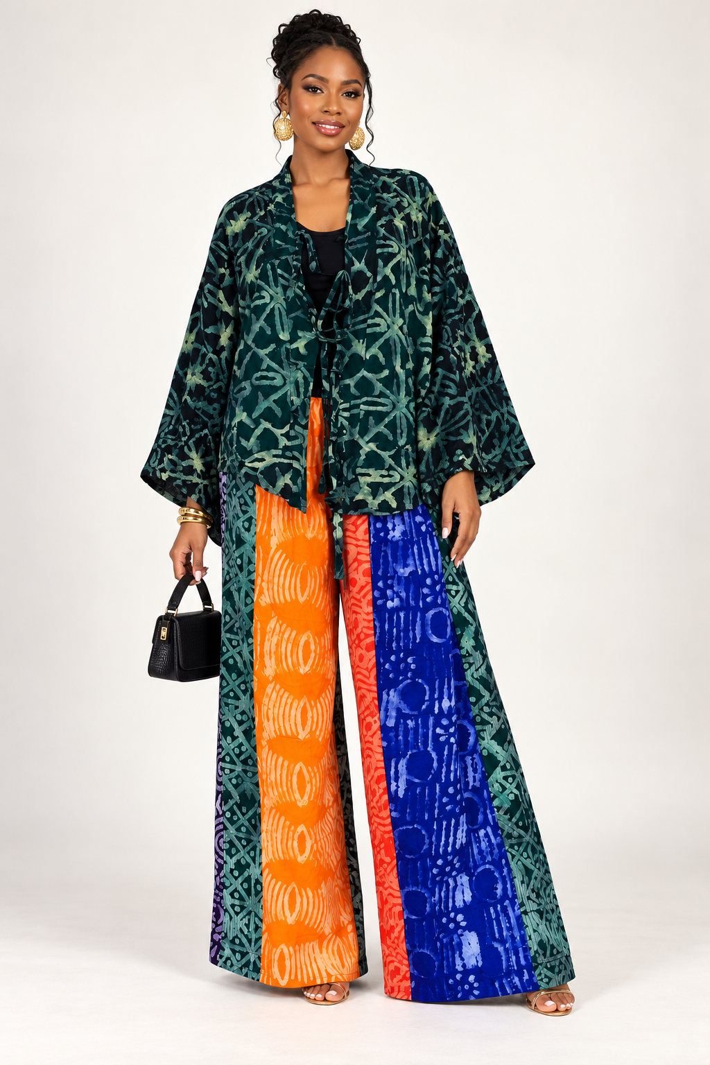 Tie-Front Kimono Top & Colorblock Wide-Leg Adire Pants Set | Agbeke Style