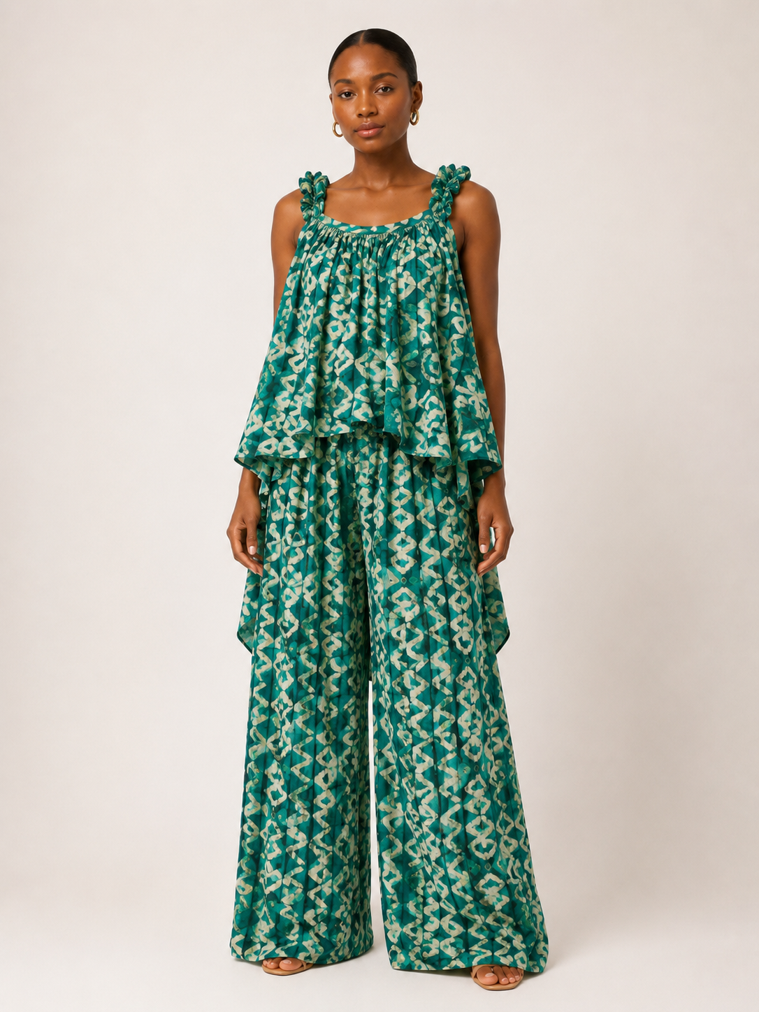Adire Ruffle Strap High-Low Top & Palazzo Pants Set | African Print Co-ord | Agbeke Style