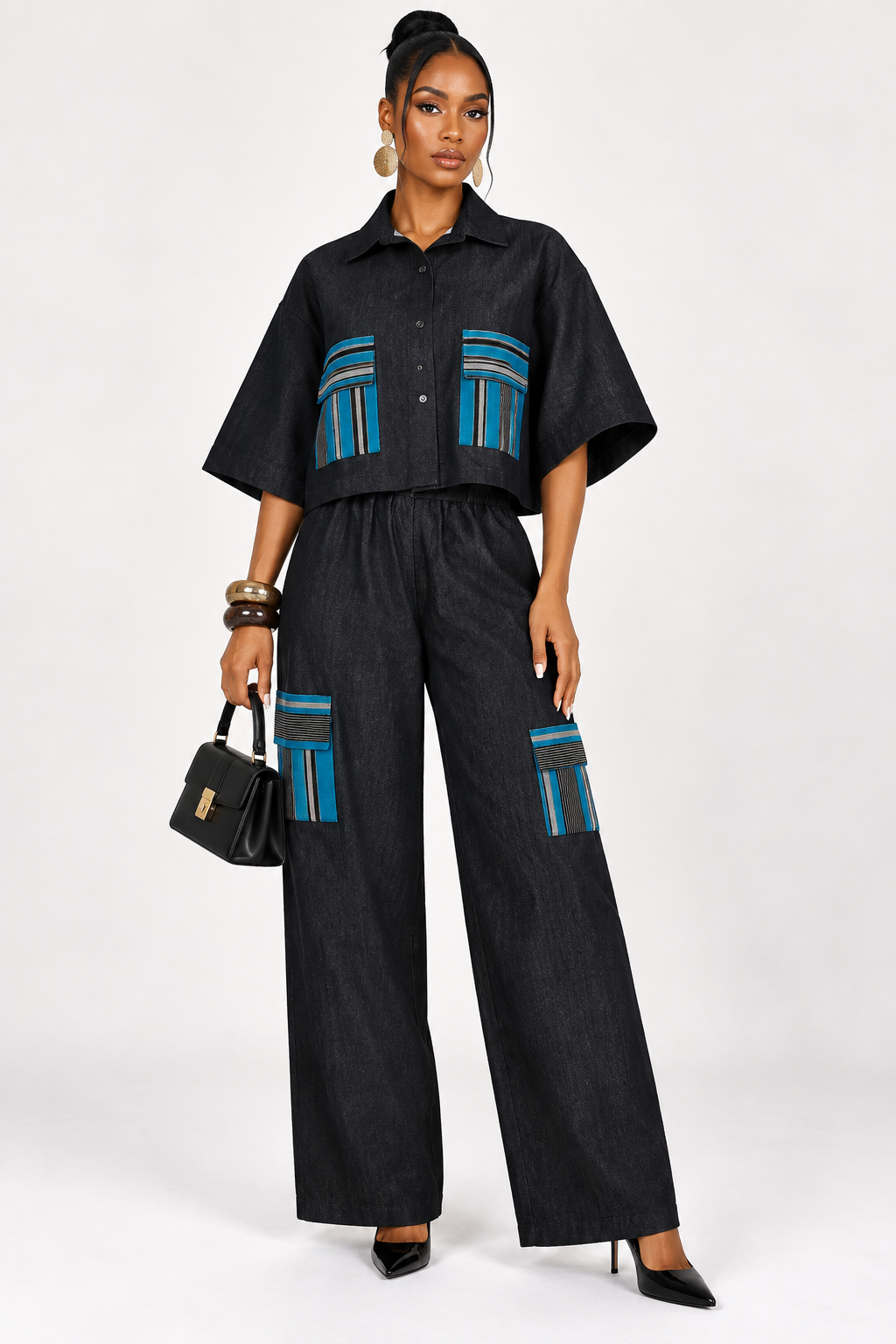 *Denim Shirt & Wide-Leg Pants Set with Asooke Pockets | Agbeke Style