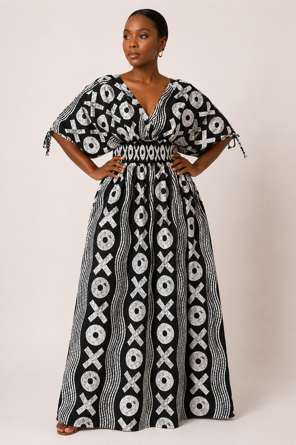 Ankara Smocked Midsection Maxi Dress with Ruched Sleeves | African Print Gown | Agbeke Style