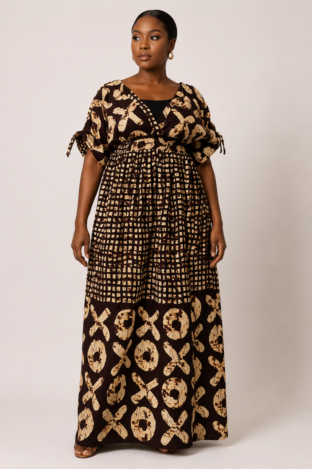 Ankara Smocked Midsection Maxi Dress with Ruched Sleeves | African Print Gown | Agbeke Style