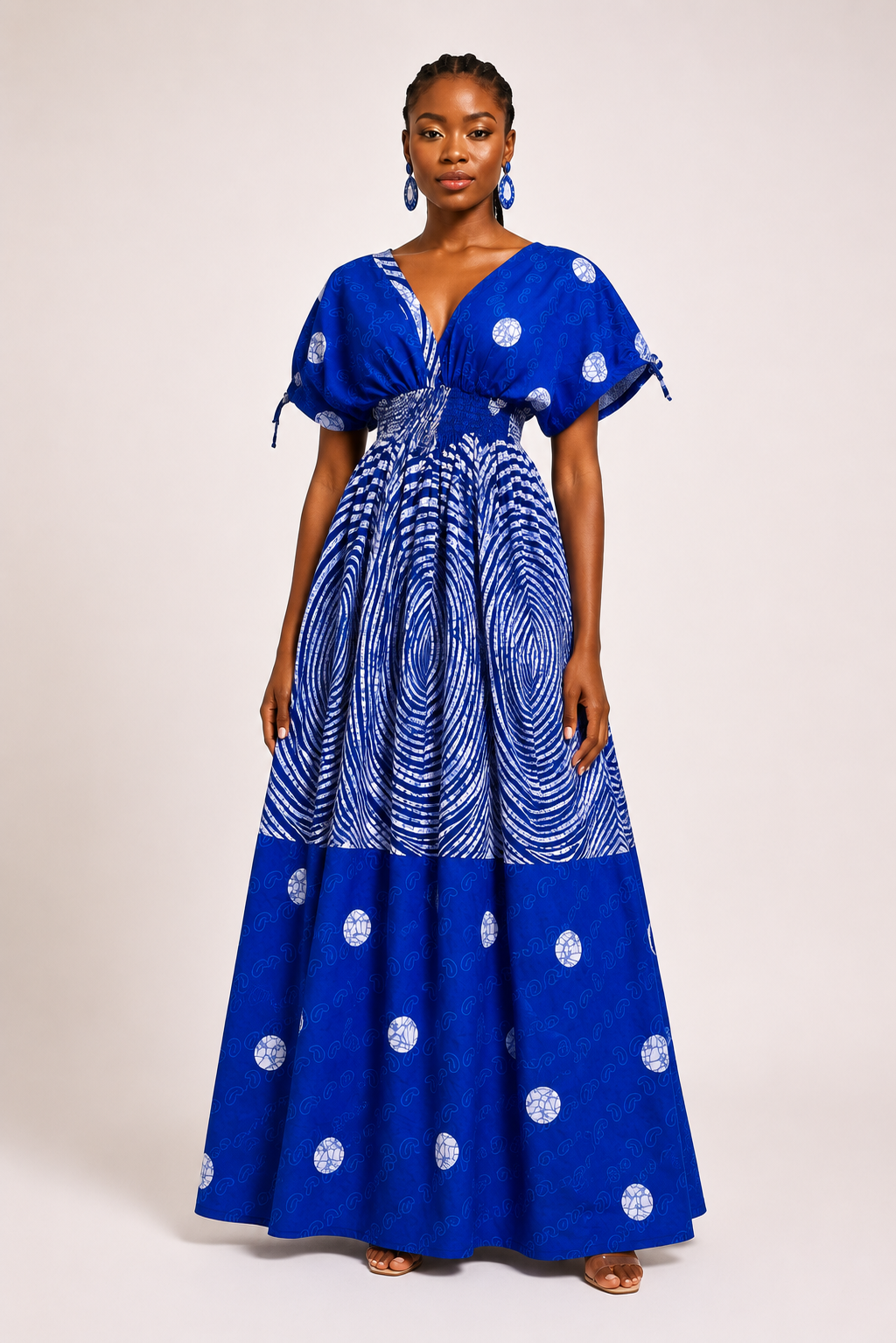 Ankara Smocked Midsection Maxi Dress with Ruched Sleeves | African Print Gown | Agbeke Style