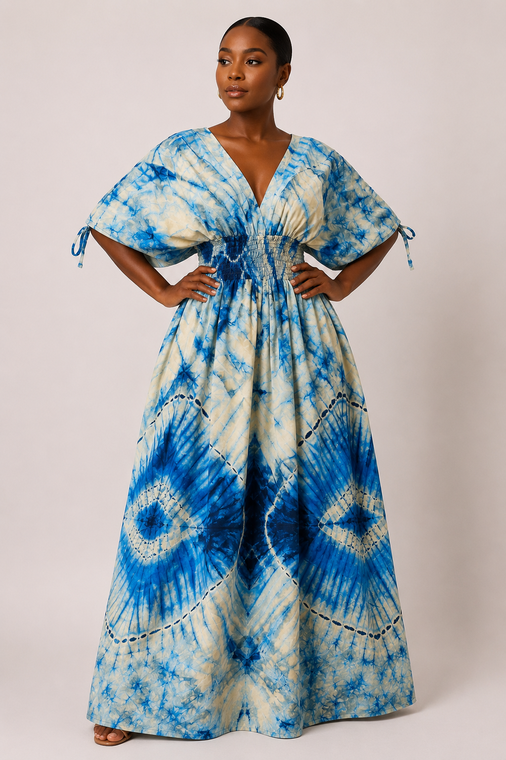 Ankara Smocked Midsection Maxi Dress with Ruched Sleeves | African Print Gown | Agbeke Style