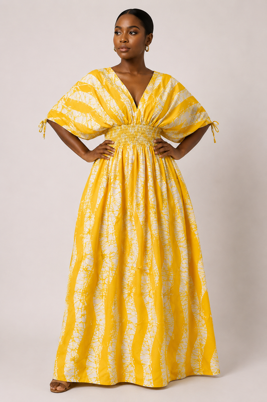 Ankara Smocked Midsection Maxi Dress with Ruched Sleeves | African Print Gown | Agbeke Style