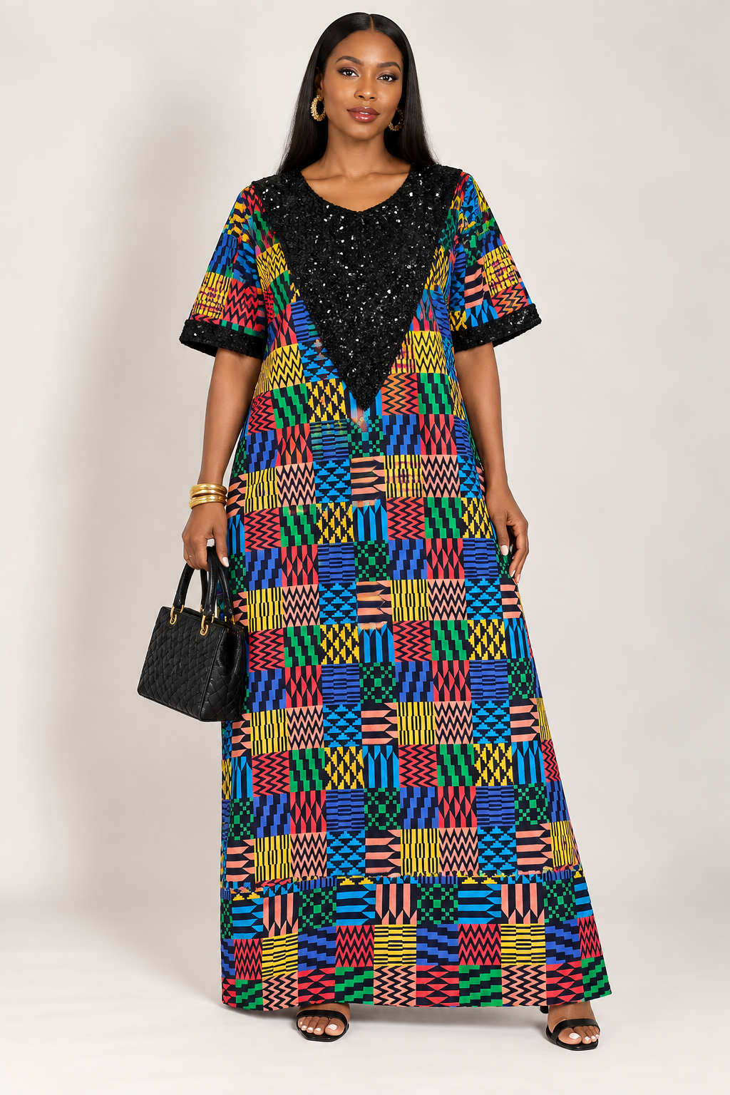 *Ankara Black Sequin-Trim Kaftan Maxi Dress | Agbeke Style