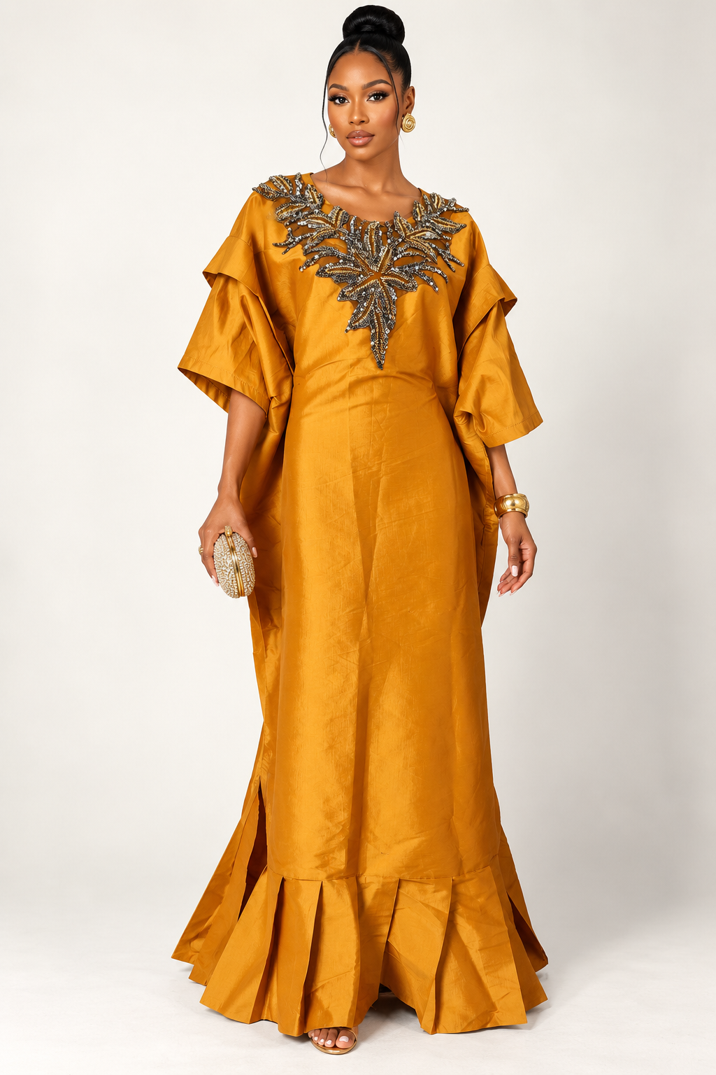 **Raw Silk Applique Ruffle-Hem Kaftan Maxi Dress | Agbeke Style