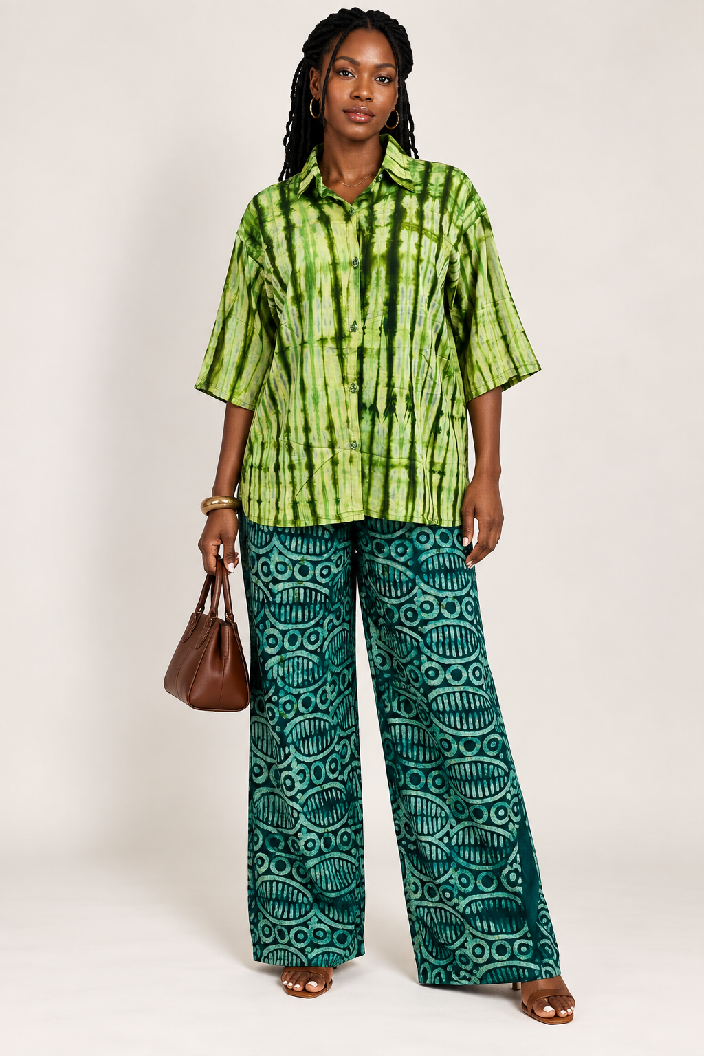 *Mismatched Adire Shirt & Wide-Leg Pants Set | Agbeke Style