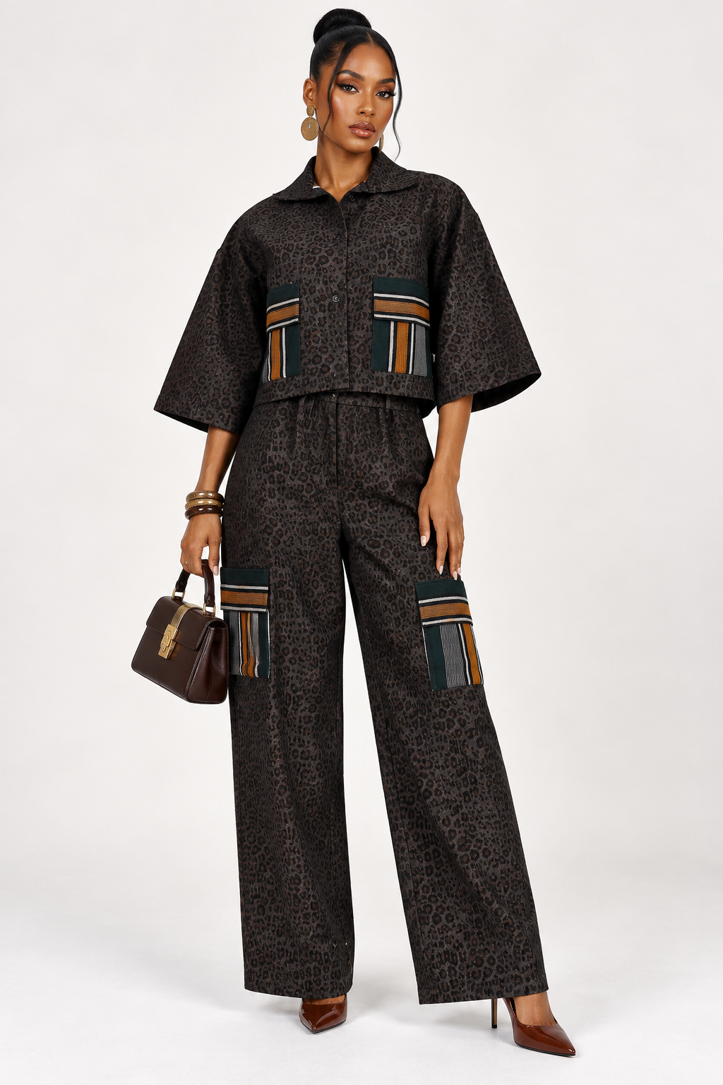 *Denim Shirt & Wide-Leg Pants Set with Asooke Pockets | Agbeke Style