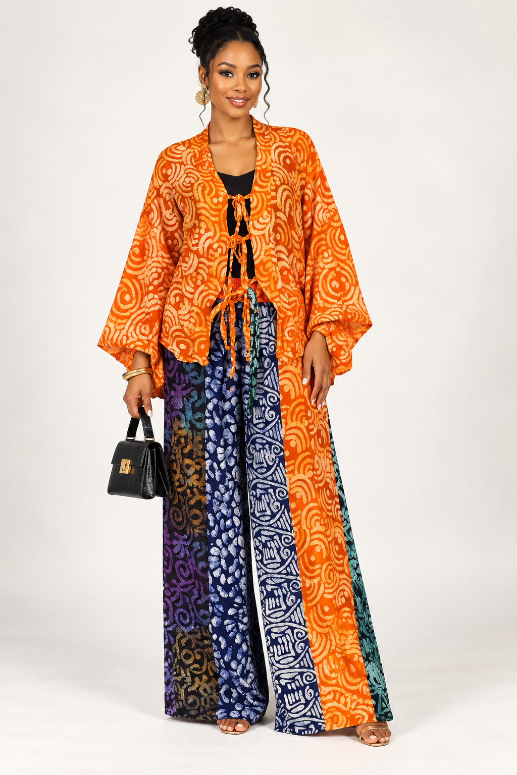 Tie-Front Kimono Top & Colorblock Wide-Leg Adire Pants Set | Agbeke Style