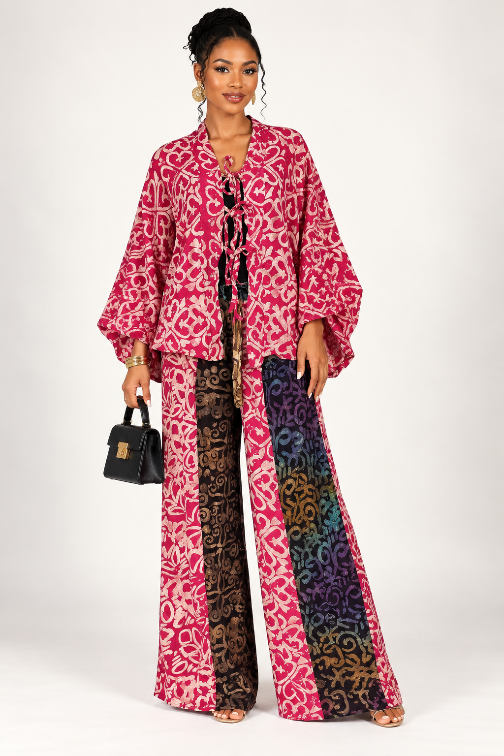 Tie-Front Kimono Top & Colorblock Wide-Leg Adire Pants Set | Agbeke Style