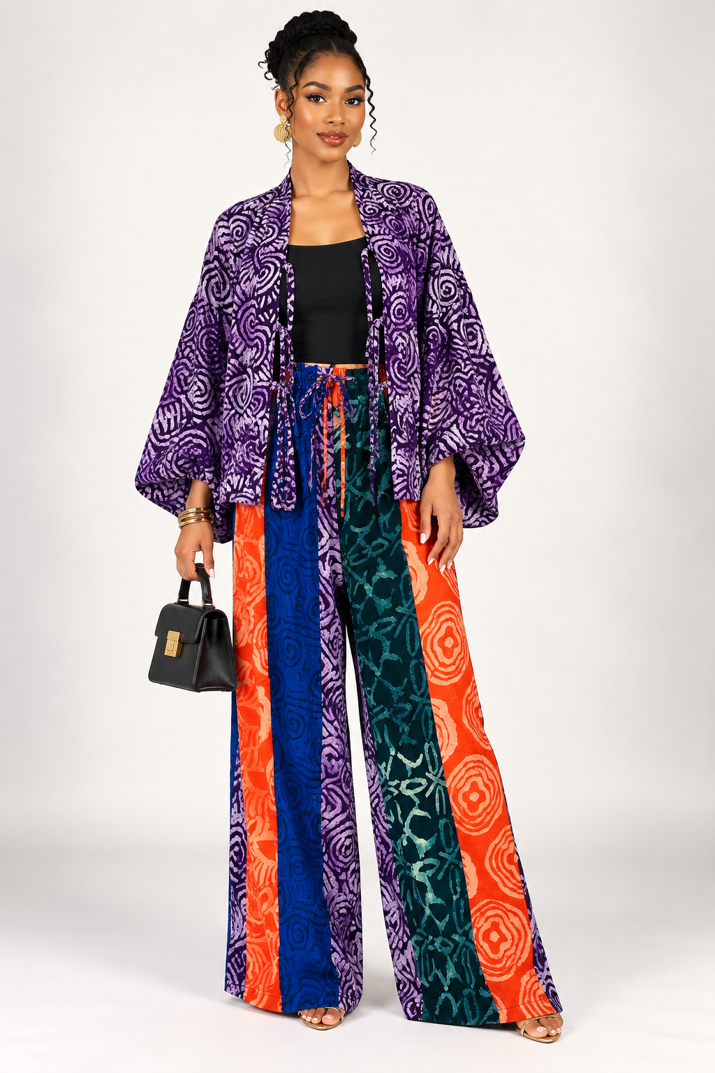 Tie-Front Kimono Top & Colorblock Wide-Leg Adire Pants Set | Agbeke Style