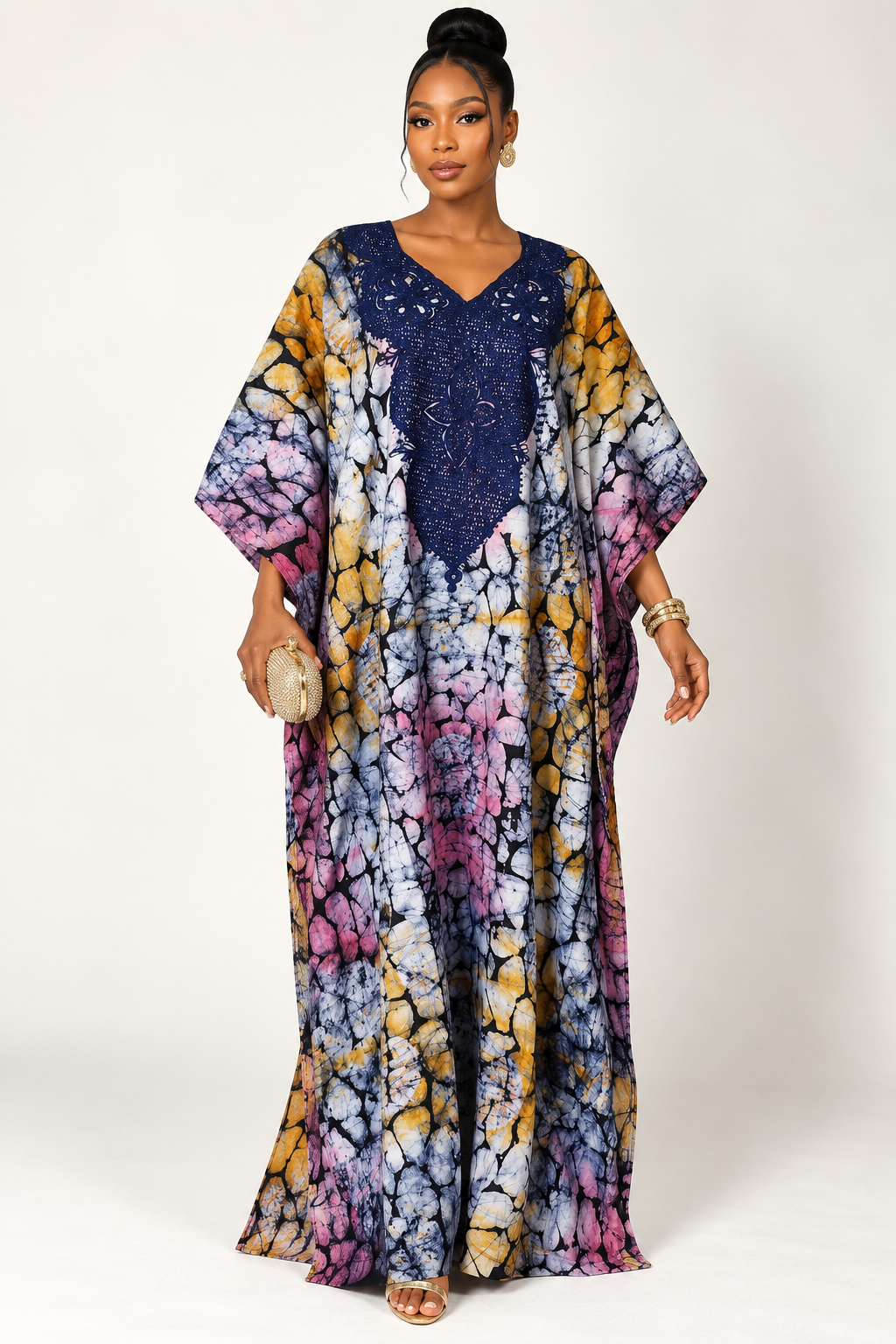 *Adire Embroidered Neckline Kaftan Maxi Dress | Agbeke Style