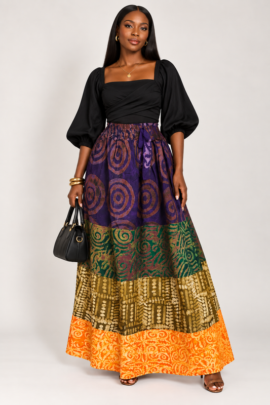 *Adire Maxi Tiered Skirt | African Print Skirt | Agbeke Style