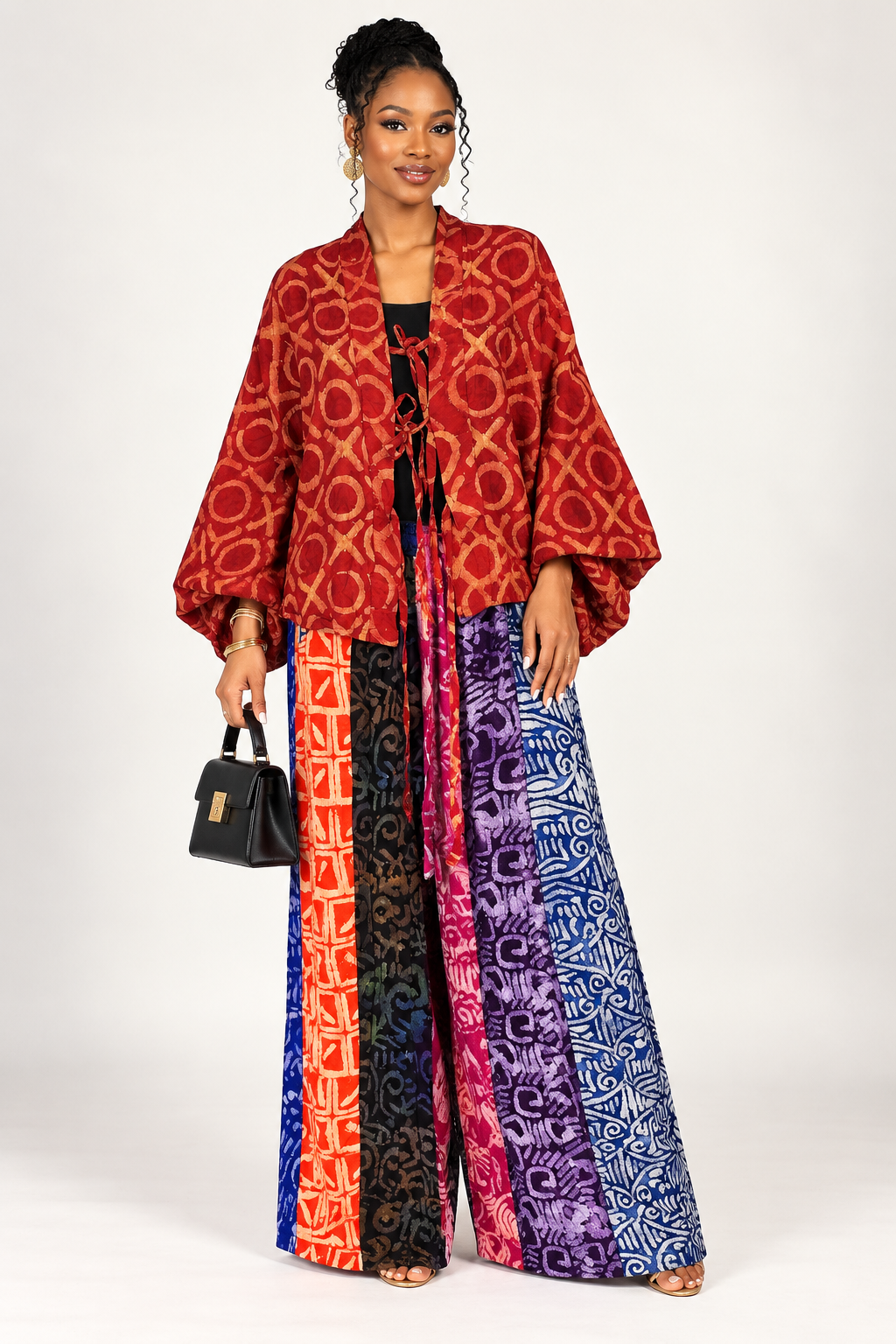 Tie-Front Kimono Top & Colorblock Wide-Leg Adire Pants Set | Agbeke Style
