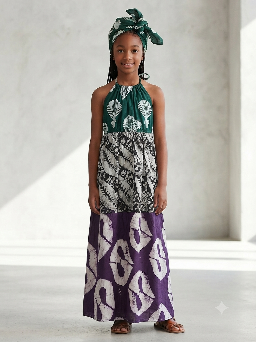 Ankara Patchwork Tiered Halter Maxi Dress | African Print Kids' Dress | Agbeke Style