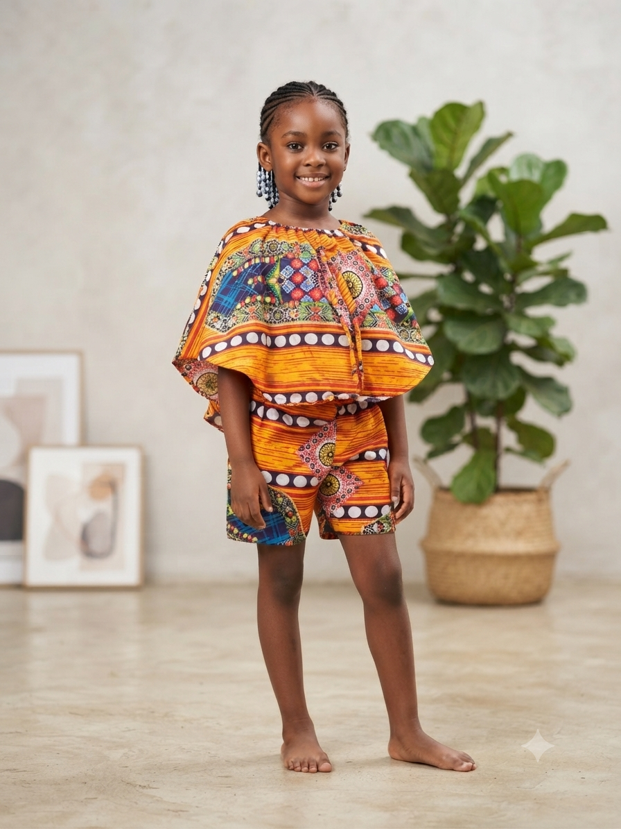 Colour Block Print Cape Top &  Short Set | Kids' 2-Piece Set | Agbeke Style