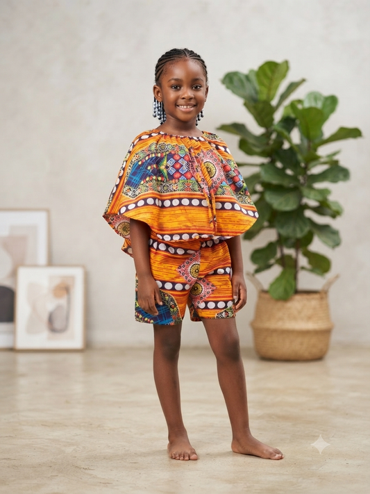 Colour Block Print Cape Top &  Short Set | Kids' 2-Piece Set | Agbeke Style