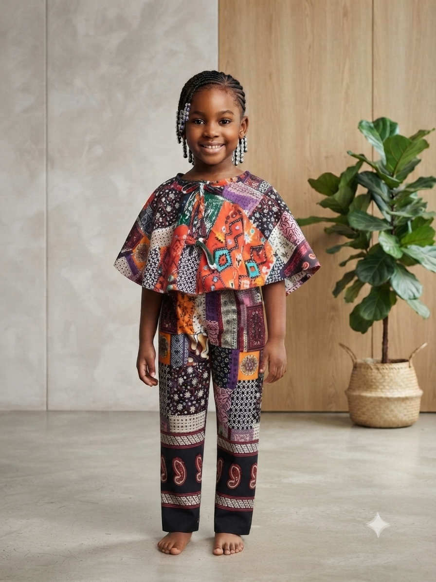 Colour Block Print Cape Top & Wide-Leg Pants Set | Kids' 2-Piece Set | Agbeke Style