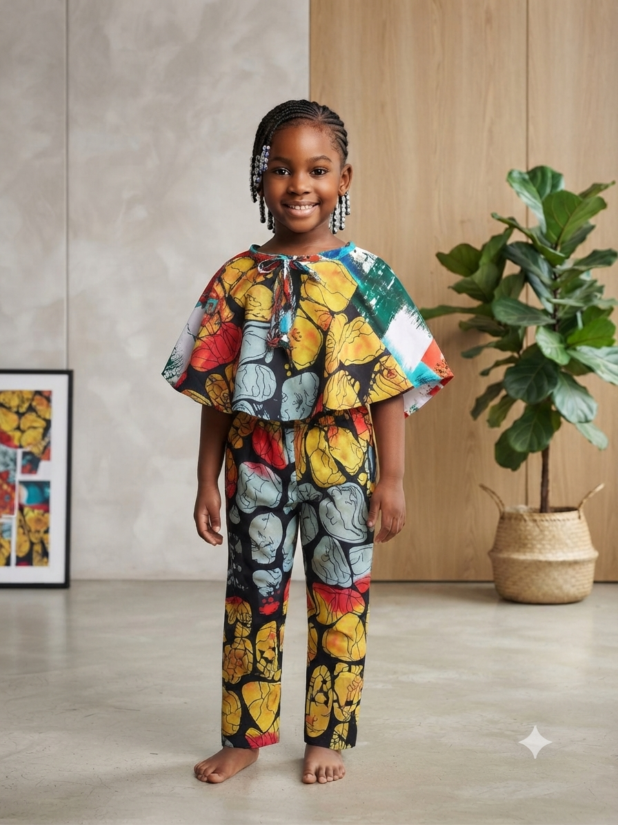 Colour Block Print Cape Top & Wide-Leg Pants Set | Kids' 2-Piece Set | Agbeke Style