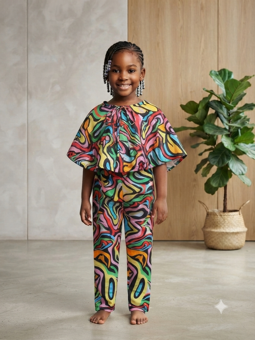 Colour Block Print Cape Top & Wide-Leg Pants Set | Kids' 2-Piece Set | Agbeke Style