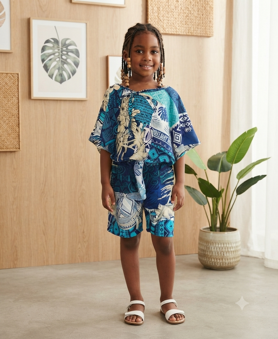 Colour Block Print Cape Top &  Short Set | Kids' 2-Piece Set | Agbeke Style
