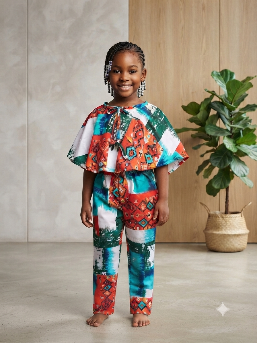 Colour Block Print Cape Top & Wide-Leg Pants Set | Kids' 2-Piece Set | Agbeke Style