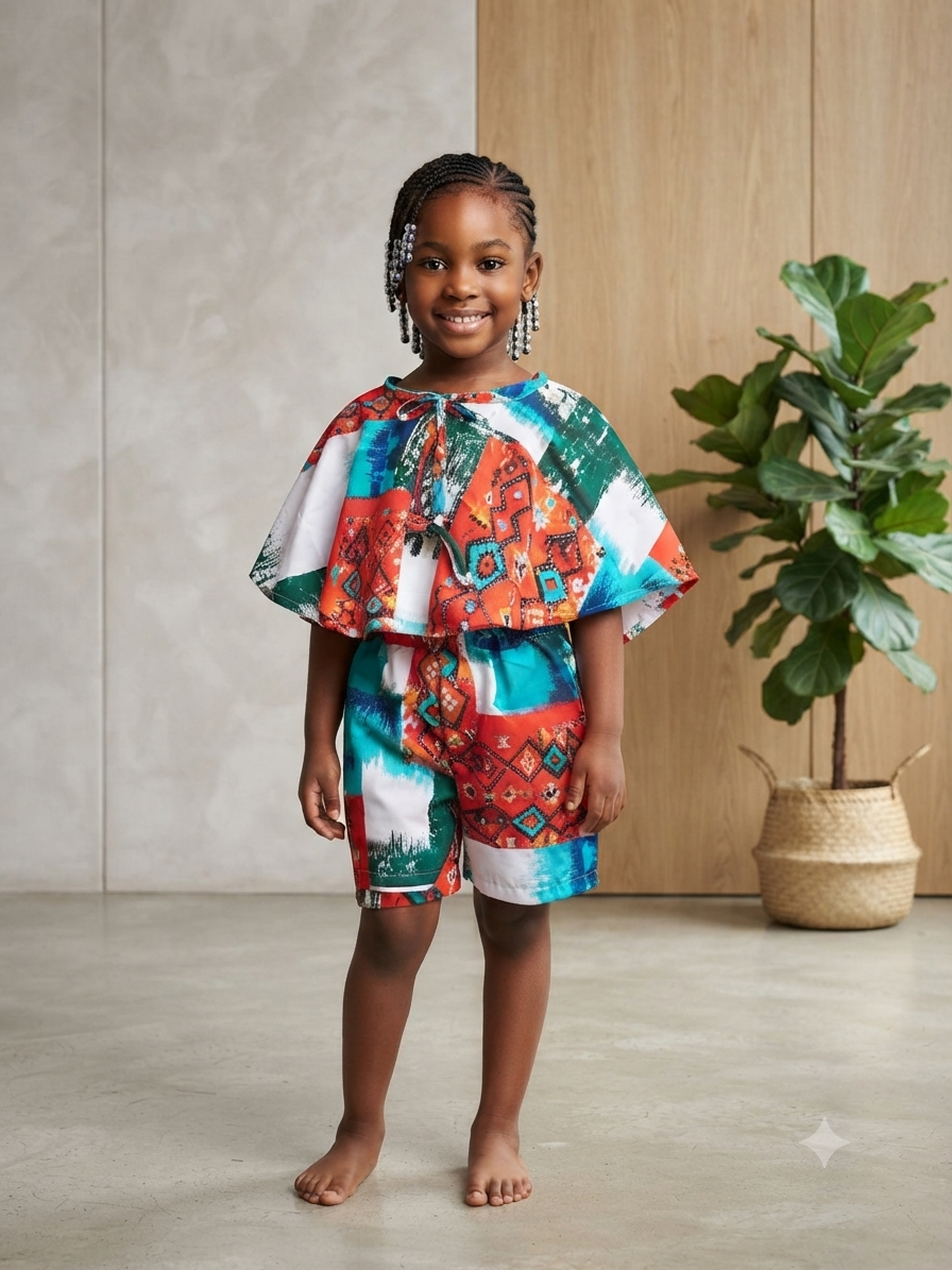 Colour Block Print Cape Top &  Short Set | Kids' 2-Piece Set | Agbeke Style