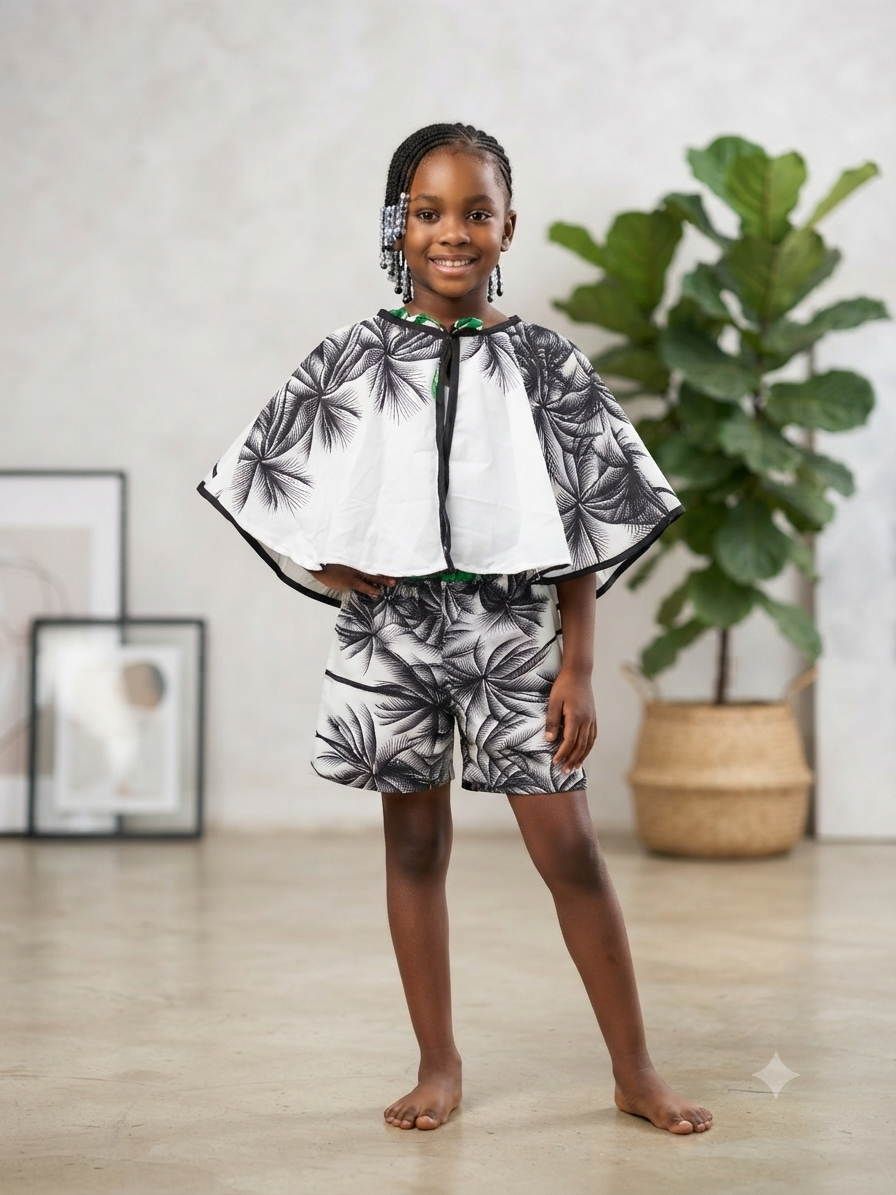 Colour Block Print Cape Top &  Short Set | Kids' 2-Piece Set | Agbeke Style