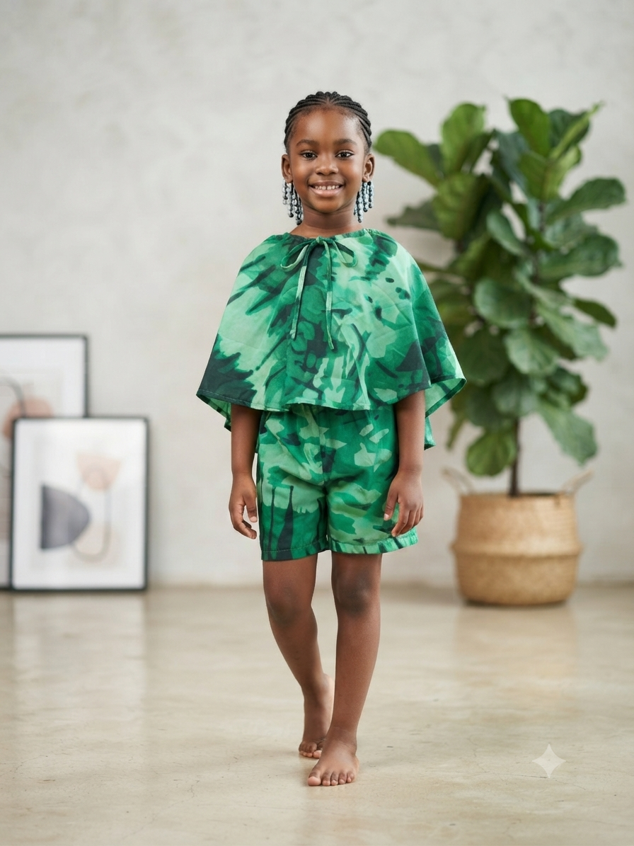 Colour Block Print Cape Top &  Short Set | Kids' 2-Piece Set | Agbeke Style