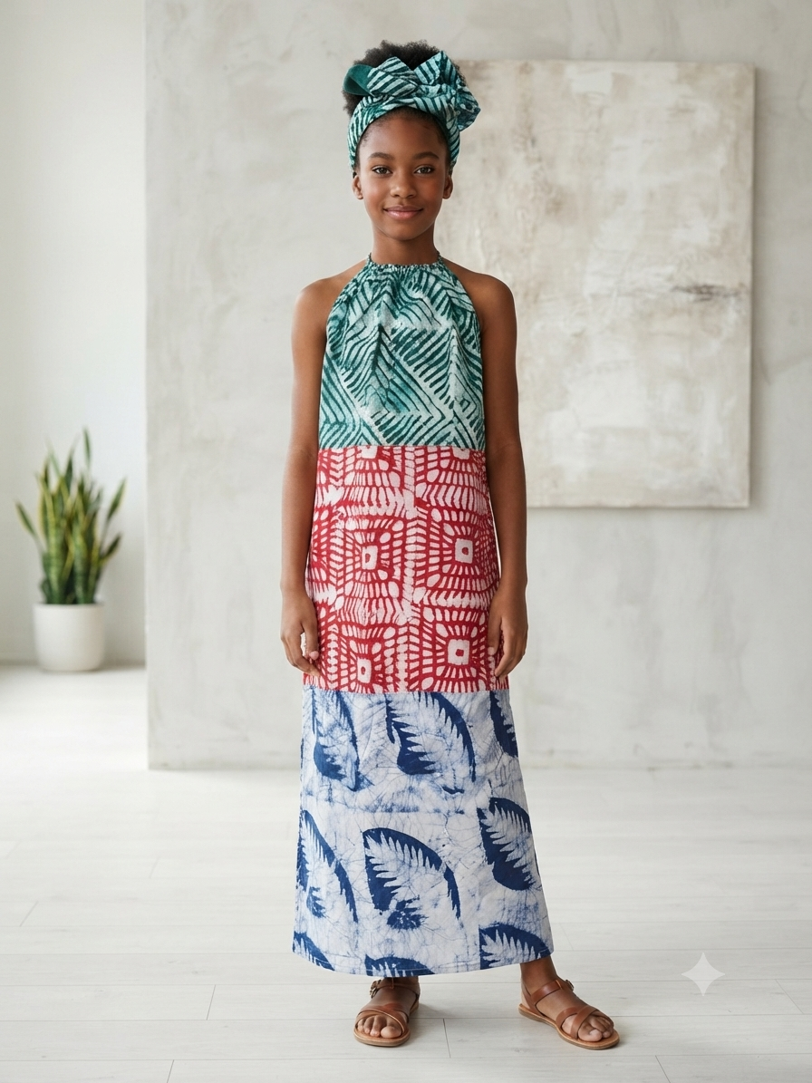 Ankara Patchwork Tiered Halter Maxi Dress | African Print Kids' Dress | Agbeke Style
