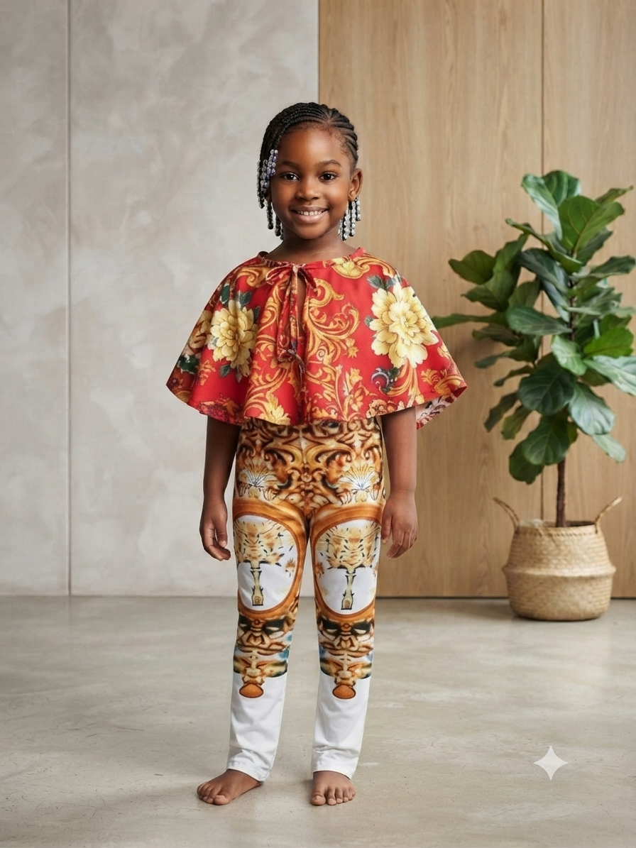 Colour Block Print Cape Top & Wide-Leg Pants Set | Kids' 2-Piece Set | Agbeke Style