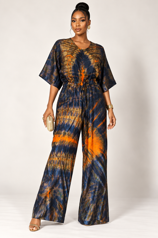 Silky Adire Tie-Dye Wide-Leg Jumpsuit | Hand-Dyed Silk Romper | Agbeke Style