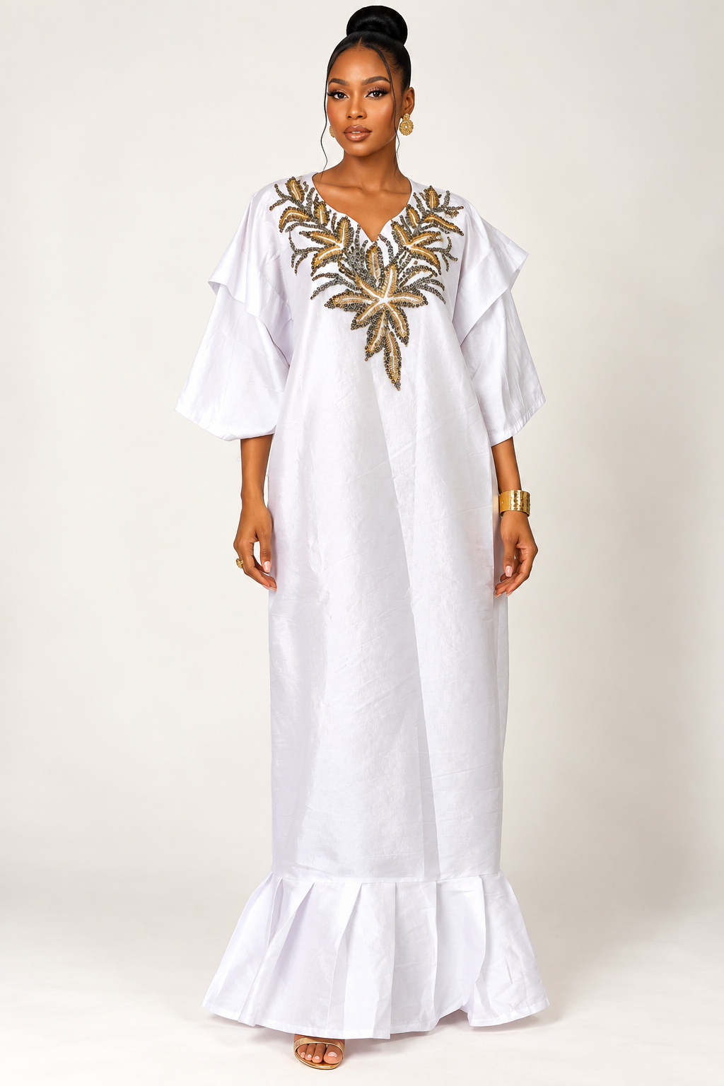 **Raw Silk Applique Ruffle-Hem Kaftan Maxi Dress | Agbeke Style