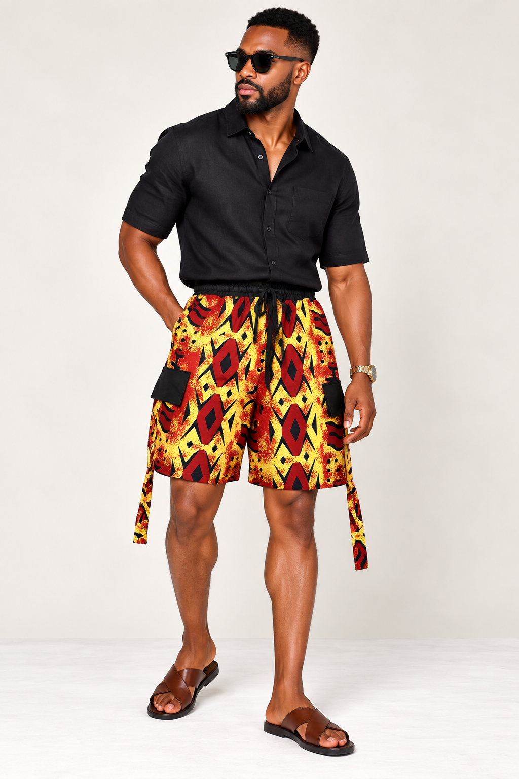 **Straps on Cargo Drawstring Shorts | Men's African Print Shorts| Agbeke Style